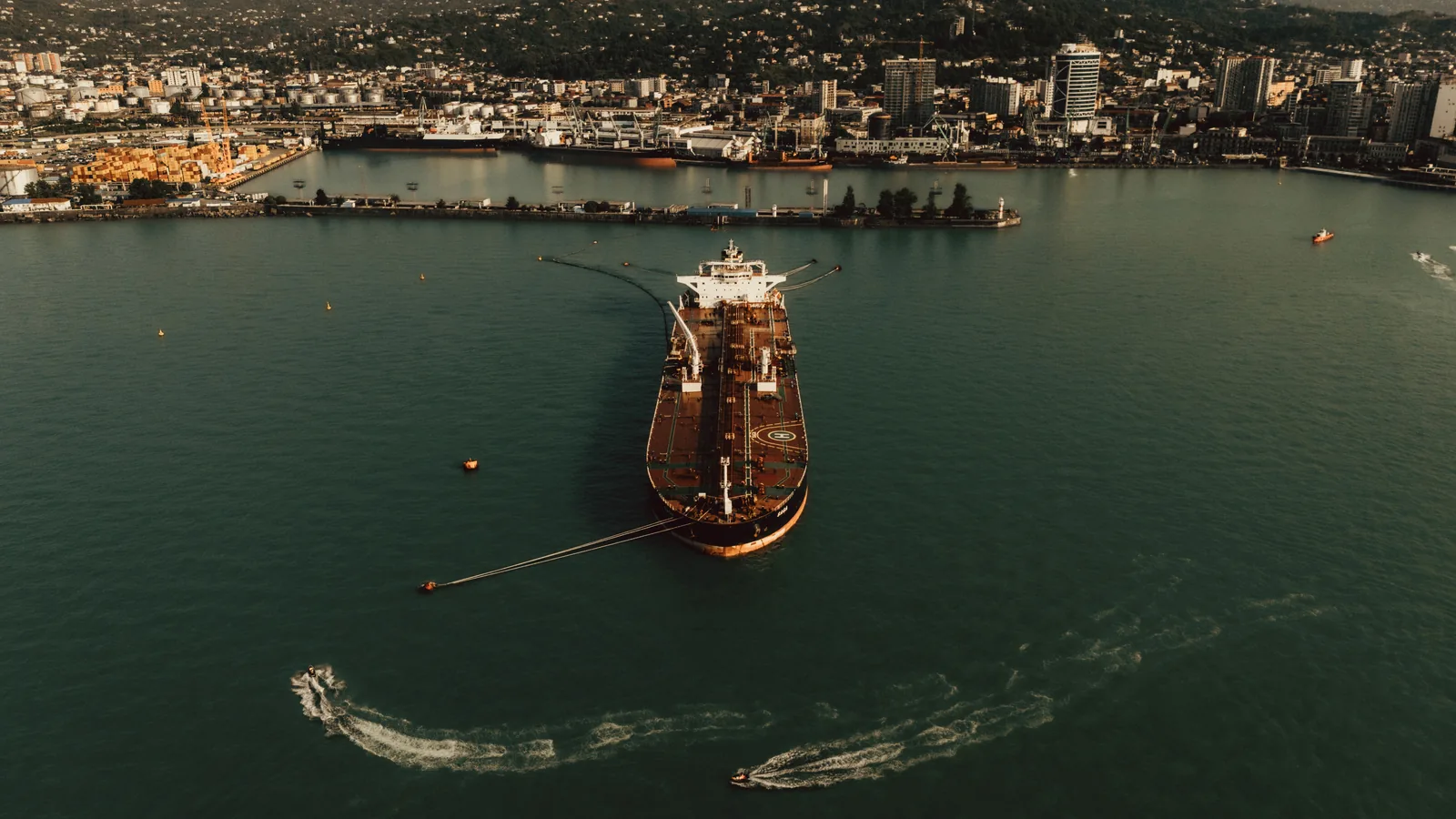 Tanker at anchorage, aerial view